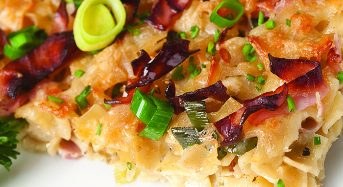 Schinken-Lauchfleckerl überbacken