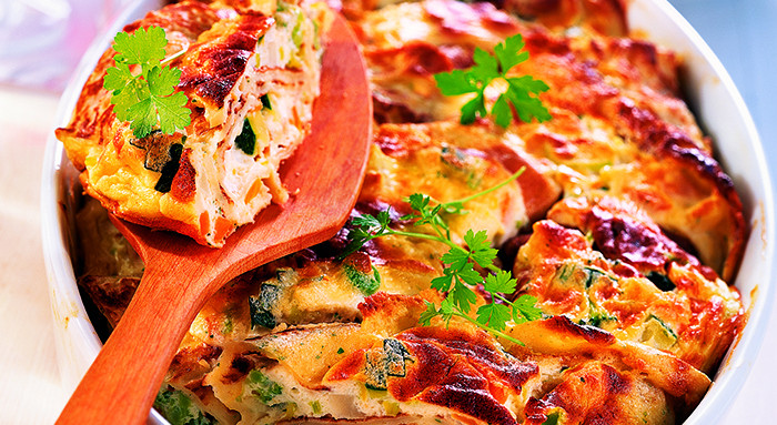 Überbackene Palatschinken mit Gemüsefülle