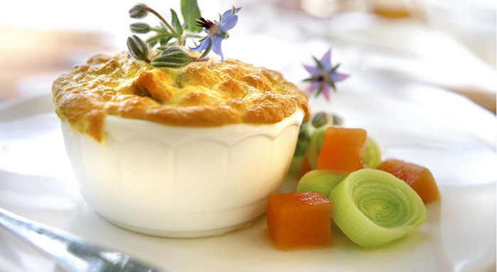 Forellenauflauf mit eingelegtem Kürbis und Lauch